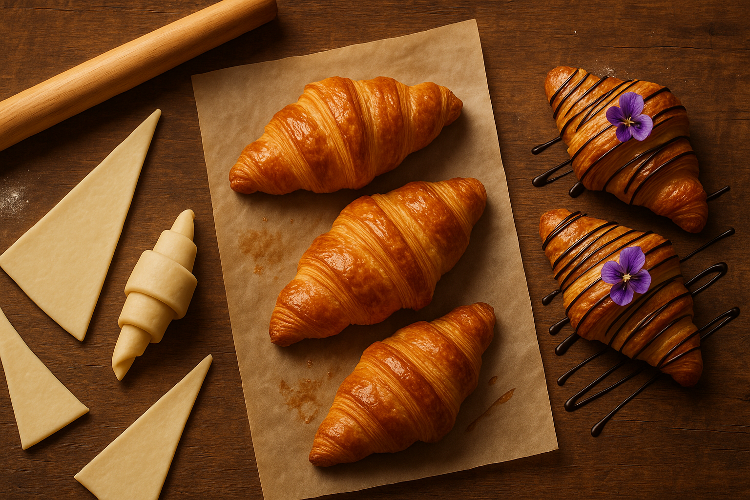 Genera un vídeo de cómo se forma un croissant desde que se enrolla se hornea y se decorada de chocolate con líneas negras y flores violetas 